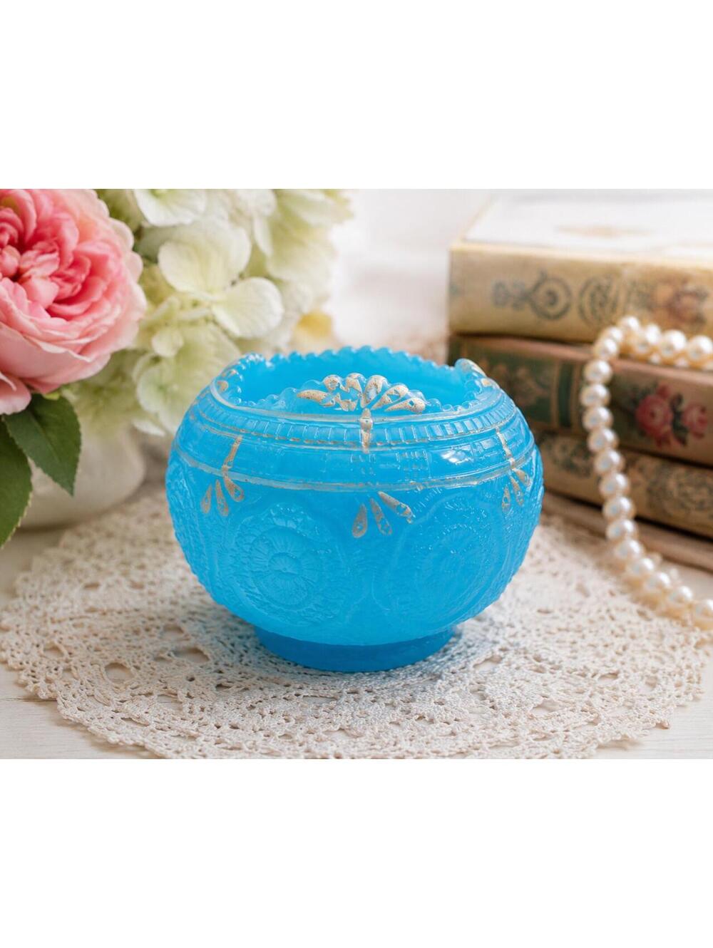 Antique Fenton Persian Blue Satin Glass Medallion Enamel Rose Bowl Vase